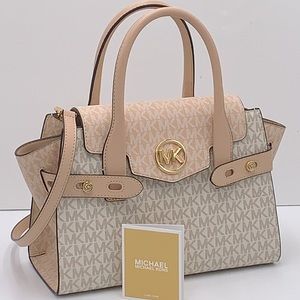 Michael Kors Carmen Medium Logo and Faux Leather Belted Satchel